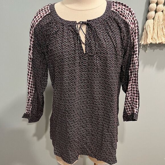 Ann Taylor Loft Mixed Geo Peasant 3/4 Sleeve Blouse Size Small - Picture 4 of 11